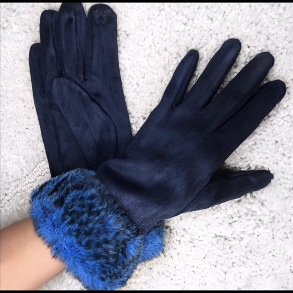 New! Faux Suede Blue Faux Firm Trim Touch Screen Winter warm Gloves - Picture 3 of 4